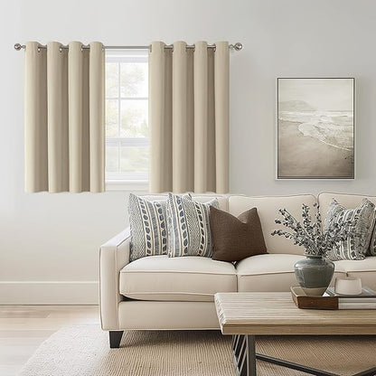 ChrisDowa 100% Blackout Tan Solid Curtains 45 Inches Long 2 Panels for Bedroom Living Room,Farmhouse Room Darkening Thermal Insulated Soundproof Grommet Top Window Treatment Drapes,52x45