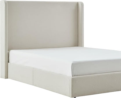 King Size Upholstered Bed Frame, 52.3" High Headboard Carmen Wingback Bed Frames, Tall Headboard Floor Platform Beds, No Box Spring Needed No Noise, Simplicity Minimalist, Beige Boucle