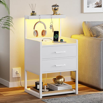 VIAGDO Nightstand with Charging Station and LED Lights, White Bedside Night Stands with 2 Drawers and Open Storage Shelves, Modern End Side Tables for Bedroom, Office