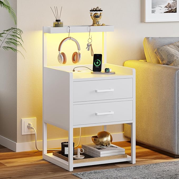 VIAGDO Nightstands Set of 2 with Charging Station, LED Night Stand with 2 Drawers, White Modern Bedside Tables with Open Storage Shelves, End Side Tables for Bedroom, Office
