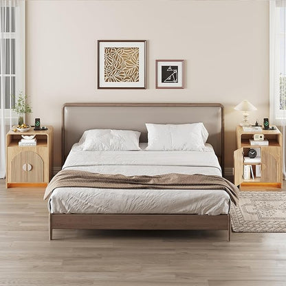 Nightstand with Charging Station and LED Lights, Night Stands with Adjustable Storage Cabinet, Modern Side Table with Fluted Doors and Open Storage, Bedside Table for Bedroom, Natural