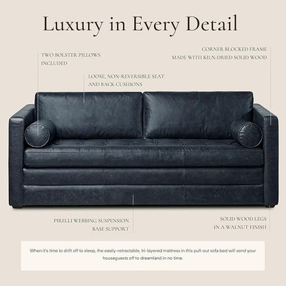 Poly & Bark Napa 82" Leather Pull‑Out Sleeper Sofa – Full‑Grain Italian Leather Upholstery,Tri‑Layer Mattress & Storage Console –Sophisticated Multi‑Functional Sofa Bed for Living Rooms & Guest Spaces