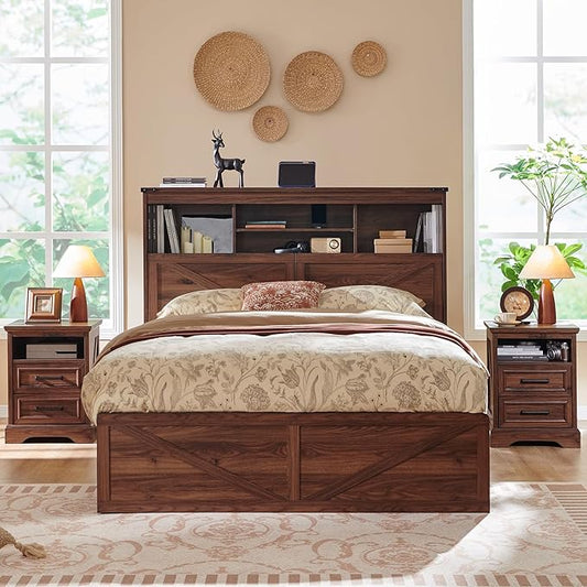 ACCOHOHO Full Bed Frame with 52" Tall Headboard and 4 Drawers,LED Light,Charging Station,Solid Wood Slats Support,No Box Spring Needed,Brown