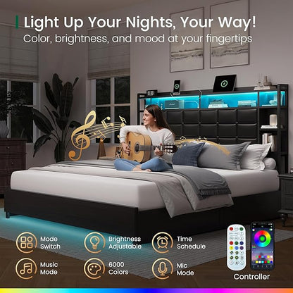 LARMACE Queen Size Bed Frame with 4 Storage Drawers and Bookcase Headboard, Faux Leather Upholstered, Wooden Platform Bed Frame with Charging Station and LED Lights, No Box Spring Needed, Black
