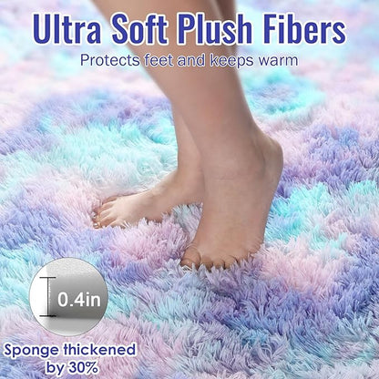PAGISOFE Cute Kawaii Purple Rainbow Rug for Girls Bedroom, 5x8 Washable Area Rug, Soft Fluffy Shag Rug for Girls Room Baby Kids Playroom Nursery Classroom Plush Furry Mermaid Rug, Fuzzy Pastel Carpet