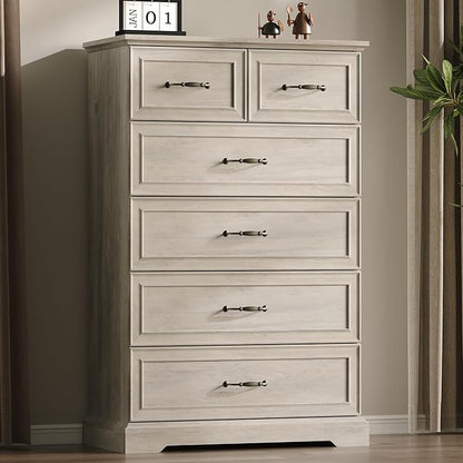Farmhouse 6 Drawers Dresser for Bedroom, 49" Tall Modern Chest of Drawers with Deep Drawers & Bar Handles, Rustic Wood Dresser TV Stand, Wooden Closet Storage Organizer for Living Room, Hallway, Grey