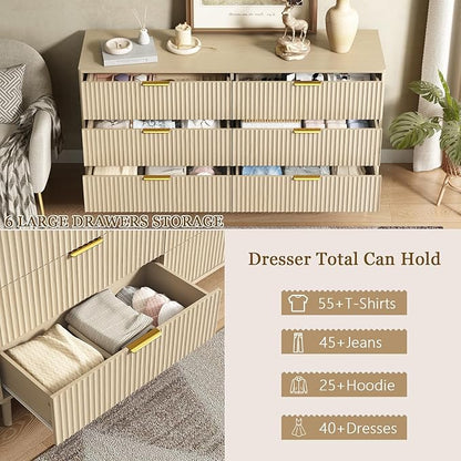 CARPETNAL Fluted 6 Drawer Dresser for Bedroom, 55" Wide Wooden Chest of Drawers with Rounded Corners, Gold Handles, Modern Storage Organizer for Bedroom, Hallway(Beige)