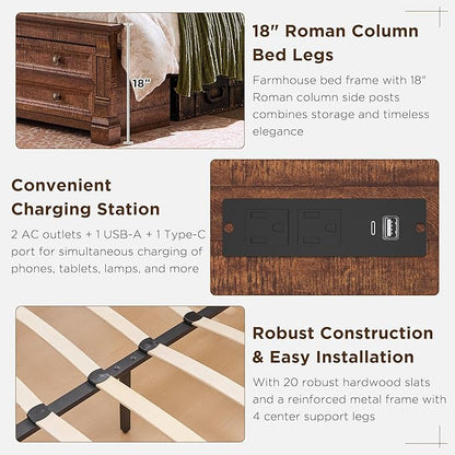 Farmhouse Queen Size Bed Frame with 54" Tall Storage Bookcase Headboard, Wood Platform Bed Frame with 18" Tall Roman Column Decoration Footboard & 2 Drawers, No Box Spring Needed(Reclaimed Barnwood)
