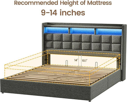 Lift Up King Size Bed Frame with Storage, Upholstered King Bed Frame with Charging Station and LED Lights Headboard, No Box Spring Needed, Easy Assembly - Dark Grey