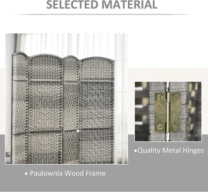 HOMCOM 4 Panel Room Divider, 6' Tall Folding Privacy Screen, Hand-Woven Freestanding Wood Partition for Home Office, Bedroom, Mixed Gray