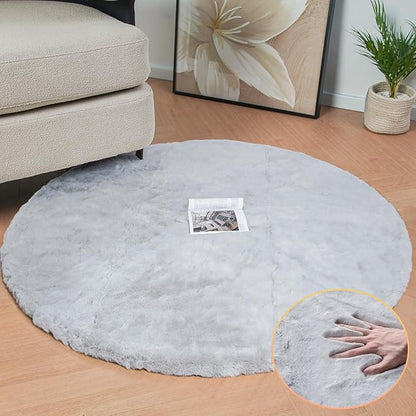 Grey Round Rug 3ft Machine Washable Shaggy Area Rugs for Living Room Faux Bunny Fluffy Fur Rug for Bedroom Small Circle Nursery Rug