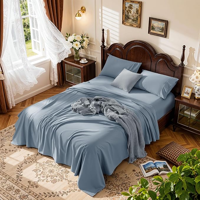 LBRO2M 1000 Thread Count 100% Egyptian Cotton Sheets Set Full Size, 4 Piece Sets Bed Sheet Deep Pocket Sheet Set 16" Soft Comfortable All Season (Full, French Blue)