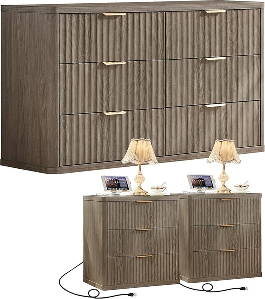 LEYAOYAO 48" Wide Fluted Dresser and 3 Drawers 23" Nightstand Set of 2, Wooden Dresser & Night Stand with Charging Station, 3 Piece Bedroom Furniture Set, Wood Chest of Drawer for Living Room,Grey