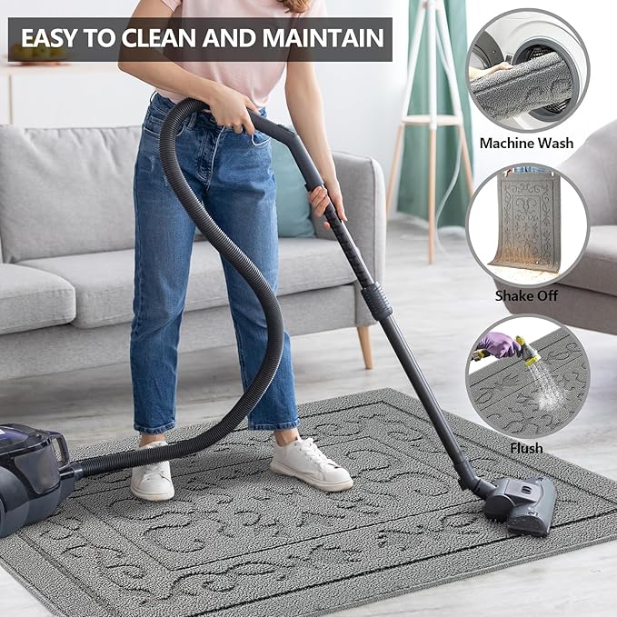 FONEYI Indoor Door Mat, Front Back Door Mat 32"x40" Non-Slip Rubber Backing Door Rug, Machine Washable Entry Rug, Low Profile Absorbent Dirt Trapper Doormat Inside Floor Mats for Entryway, Light Grey