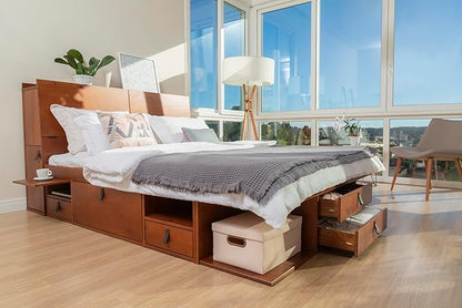 memomad Bali Set: Storage Platform Bed with Drawers + Bookcase Headboard (Queen Size, Caramel Brown Wood)