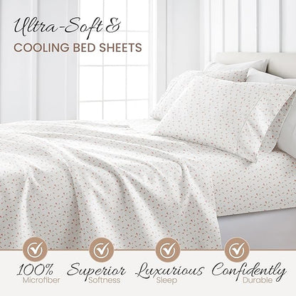 Linen Market Double-Brushed Patterned Microfiber California King Sheet Set 4 Piece – Oeko-TEX Certified Ultra Soft & Wrinkle-Free - 16" Deep Pocket Sheets Easy Care Cal-King Size - Soft Floral Pink