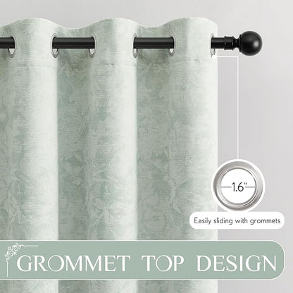 Beauoop Green Floral Jacquard Blackout Curtains 84 Inches Long 2 Panels for Bedroom Living Room Sage Flower Chenille Room Darkening Thermal Insulated Soundproof Grommet Window Treatments Drapes, 52x84