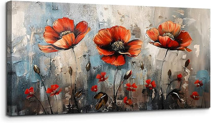 SERIMINO Large Wall Art for Living Room, Nature Floral Botanical Wall Art, Red Flowers Canvas Prints Paintings, Wildflower Modern Home Decor Bathroom Dining Room Kitchen 29"X57"