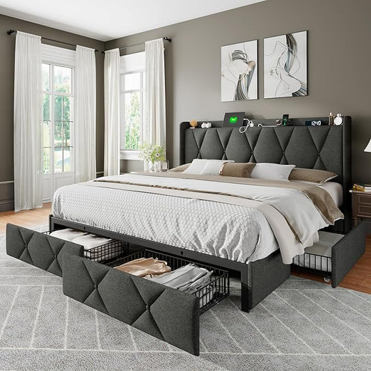Feonase King Size Bed Frame with 4 Storage Drawers, Upholstered Platform Bed with Charging Station, Wingback Storage Headboard, Wooden Slats Support, No Box Spring Needed, Easy-Assembly, Dark Grey