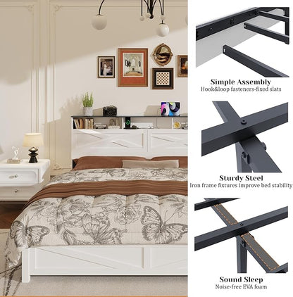 Queen Size Bed Frame with Wooden Storage Headboard, Farmhouse Platform Bedframe with LED Lights and Charging Station, Easy Assembly, No Box Spring Needed (White, Queen)