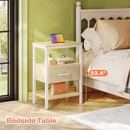 SUPERJARE Nightstand with Charging Station, Bed Side Table with Adjustable Fabric Drawer, Night Stand for Bedroom, 3-Tier Storage End Table, for Living Room, White Maple