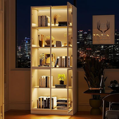 Display Storage Cabinet with Glass Door, LED Lights,Showcase for Collections, Perfume, Vinyl Albums, Bookcase for Home Office, Living Room, Clinic, Pantry (5 Layers-White)