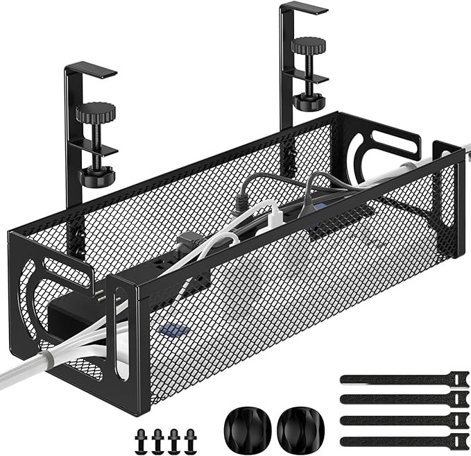 Under Desk Cable Management Tray, 15.7'' No Drill Steel Desk Cable Organizers, Wire Management Tray Cable Management Rack (1 Pack-Black)