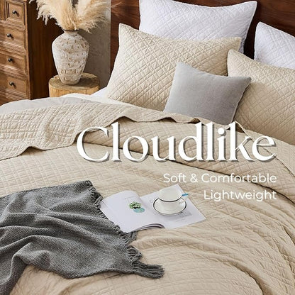 Queen Quilt Set with Shams Lightweight Quilted Bedspread Coverlet Thin Comforter Bed Cover Vintage Washed Quilted Blanket for All Season, Brushed Microfiber Diamond Stitching, Beige, 88"x92"