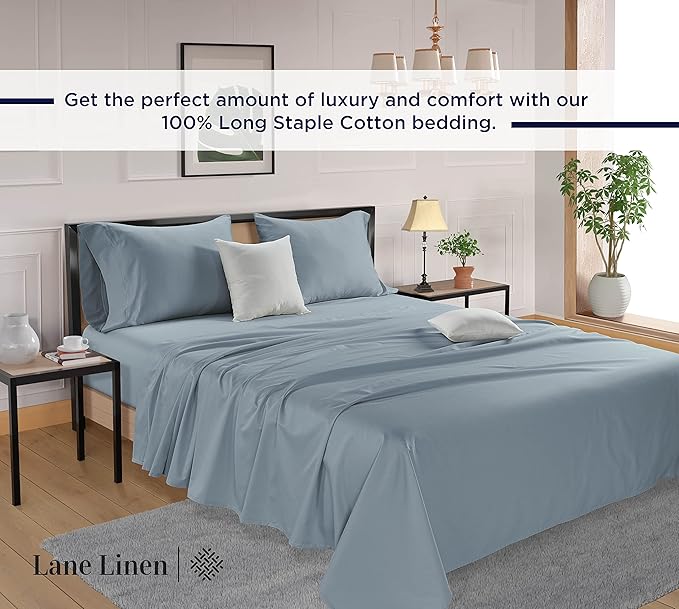 LANE LINEN King Bed Sheets – 600 Thread Count Long-Staple 100% Cotton King Size Bed Sheets, Hotel Luxury Soft Silky Sateen Weave, Durable for Daily Use, Fully Elasticized 15" Deep Pocket – Blue