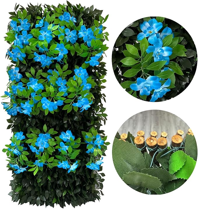 Sumery Expandable Fence Privacy Screen for Balcony Patio Outdoor,Decorative Faux Ivy Fencing Panel,Artificial Hedges (Single Sided Leaves) (1, Branches -Blue Fowers)