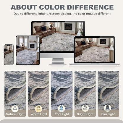 Area Rug Living Room Rugs - 8x10 Washable Large Soft Indoor Neutral Modern Abstract Low Pile Rug Carpet for Bedroom Dining Room Farmhouse Home Office - Blue/Grey/Brown