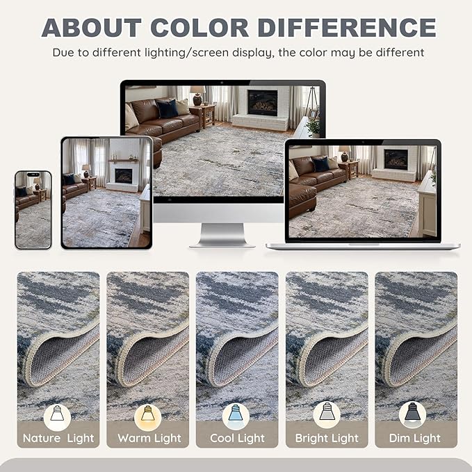 Area Rug Living Room Rugs - 9x12 Washable Large Soft Indoor Neutral Modern Abstract Low Pile Rug Carpet for Bedroom Dining Room Farmhouse Home Office - Blue/Grey/Brown