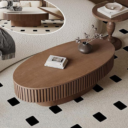 Oval Coffee Table with Storage, Modern Walnut Coffee Table with Solid Wood Veneered, Fluted Center Table Wood Drum Tea Table for Living Room Apartment, 47.2''L×23.6''W×14.2''H