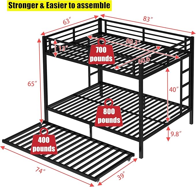 SIGONE Stronger & Safer Heavy Duty Queen Over Queen Size Bunk Bed for Adults Teens, Thickened More Stable Metal Bunkbed Frame (Greater Weight Capacity) (Queen Over Queen Bunk Bed with Trundle)