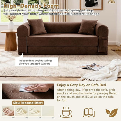 Convertible Folding Sofa Bed,78.5 Inch Faux Leather Futon Couch with Pillows & Storage Pocket,5-in-1 Queen Sleeper Sofa in a Box with Pull Out Bed,Boneless Couch for Living Room Bedroom,Brown