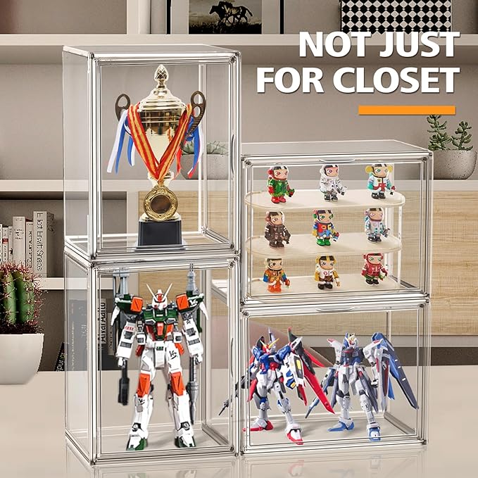 4 Pack Clear Shoe Box Organizer,Size 14 Acrylic Display Cases for Book Cosmetic Figures Collectibles Showcase,X-Large Bag Stackable Plastic Storage Bins with Magnetic Lid