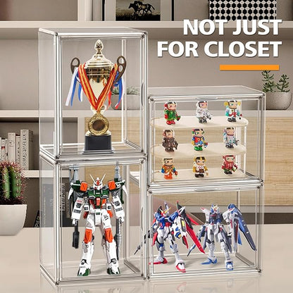 4 Pack Clear Shoe Box Organizer,Size 14 Acrylic Display Cases for Book Cosmetic Figures Collectibles Showcase,X-Large Bag Stackable Plastic Storage Bins with Magnetic Lid