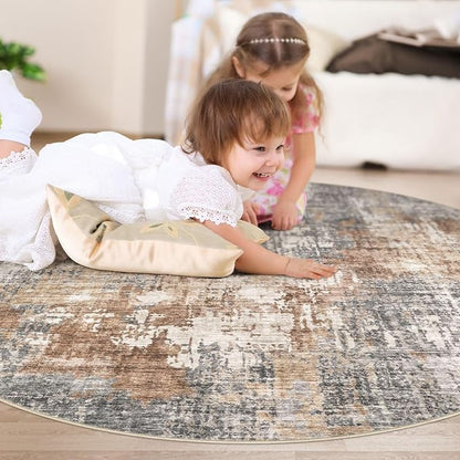 5ft Round Area Rug Living Room Rugs - 5x5 Washable Large Soft Indoor Neutral Modern Abstract Low Pile Rug Carpet for Bedroom Dining Room Farmhouse Home Office - Grey Brown