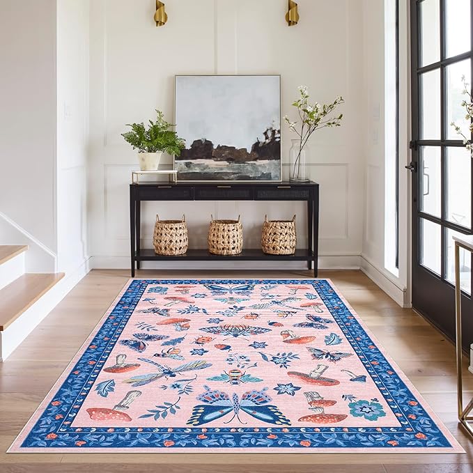 Mushroom Insect Washable Rug 5x7 Area Rugs for Bedroom Non Slip with Rubber Back Low Pile Stain Resistant Modern Butterfly Carpet for Living Room Nursery Kitchen Dining Room Blue Pink