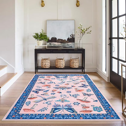 Mushroom Insect Washable Rug 5x7 Area Rugs for Bedroom Non Slip with Rubber Back Low Pile Stain Resistant Modern Butterfly Carpet for Living Room Nursery Kitchen Dining Room Blue Pink