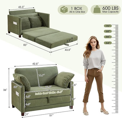 51" Loveseat Sleeper Sofa Bed, Corduroy Convertible Floor Sofa Bed for Small Spaces, Folding Couch Bed with Deep Seat, 2 Pillows & Solid Frame, Pull Out Floor Couch for Living Room, Green