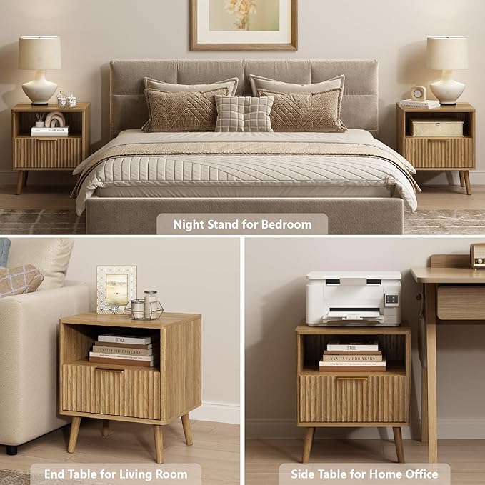 CARPETNAL Fluted Nightstand Set of 2, Walnut Bedside Table with Drawer and Storage Shelf, Wood End Table Mid Century Night Stands for Bedroom Living Room