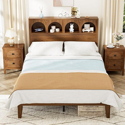 Full Bed Frame with Wave Headboard, Storage Headboard with 4 Arched Storage Compartments, Farmhouse Wooden Full Bed Frame, No Box Spring Needed, No Noise (Full-Walnut)