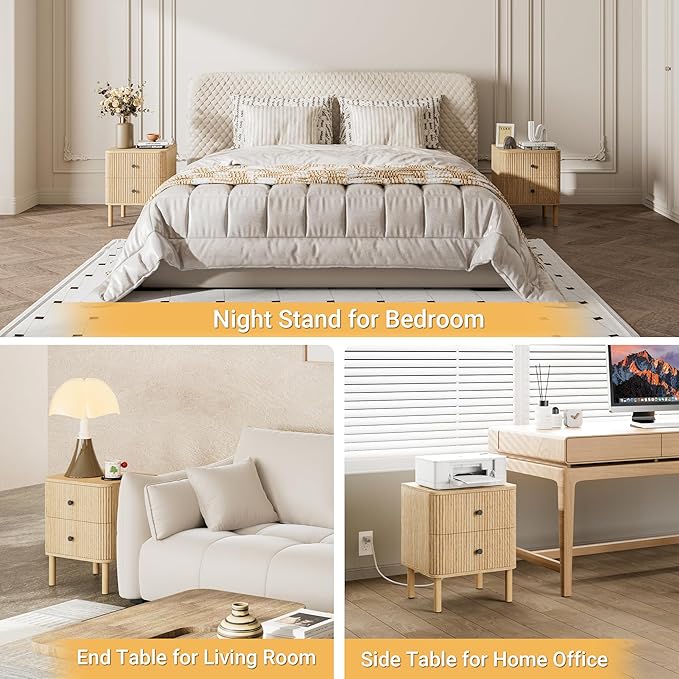 Night Stand Set of 2 with Charging Station, 18" Fluted Nightstand with Rounded Corners & Solid Wood Legs, 2 Drawers End Table, Mid Century Modern Bedside Table for Bedroom, Natural Oak