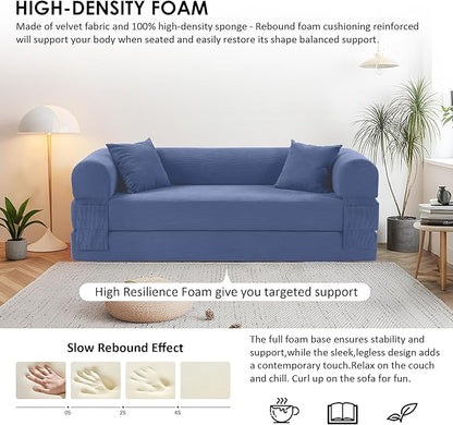 80" Convertible Sofa Bed, 3-in-1 Corduroy Folding Pull Out Couch with Pillows, No Assembly Modern Boneless Couch Compression Sofa in Box, Floor Sofa with Side Storage for Living Room,Dark Smog Blue