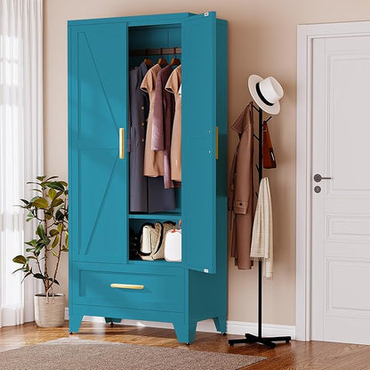 71" Tall Metal Armoire Wardrobe Closet with Removable Hanging Rod and Doors,Blue Armoire Wardrobe Cabinet for Garage Laundry Room Office