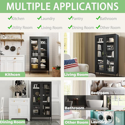 COFaR Modern Mesh Storage Cabinet, Free Standing Tall Pantry, Cupboard Metal Display Cabinet for Living Room, Kitchen, Dining Room