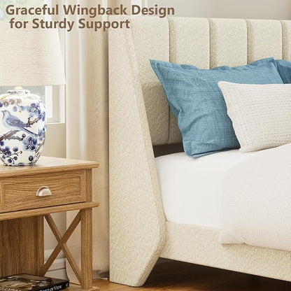 Brafab King Boucle Upholstered Bed Frame with Wingback Headboard, Platform Bed with Wooden Slats, No Box Spring Needed, Easy Assembly, Beige (King (U.S. Standard))