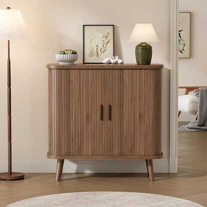 Buffet Cabinet with Storage, Curved-Edge Fluted Storage Cabinet Sideboard, Modern Walnut Sideboard Buffet with Adjustable Shelves & Sliding Door for Dining Room, Kitchen, Entryway