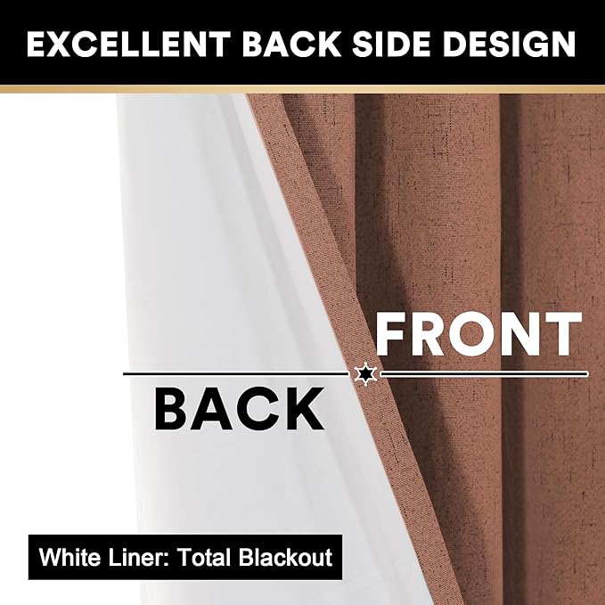 PrinceDeco Primitive Textured Linen 100% Blackout Curtains for Bedroom/Living Room Blackout Curtains 54 Inches Long, Energy Saving Window Treatment Curtains with White Liner (2 Panels, Washed Spice)